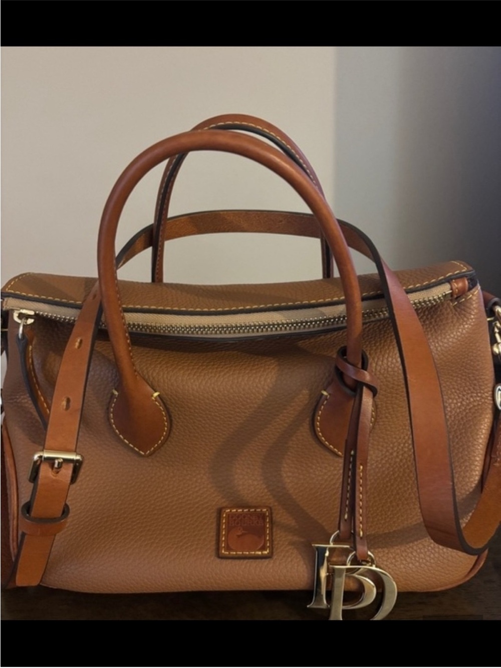 Dooney & Bourke Caramel Brown Leather Satchel with Gold Hardware